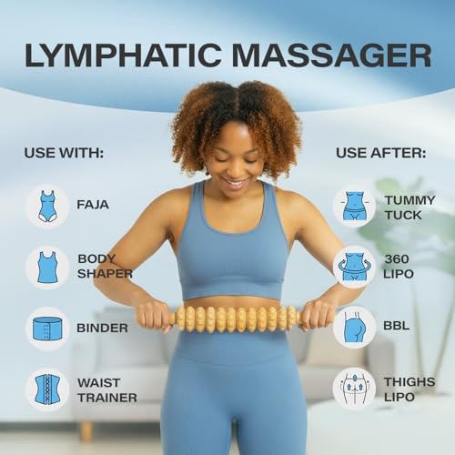 Bruizex Wood Therapy Massage Tool, Lymphatic Drainage Massage Roller Stick - Leg, Back & Thigh Muscle Roller for Post Liposuction & Fibrosis Treatment, 360 Lipo, Tummy Tuck & BBL, Lipo Foam