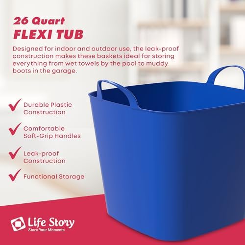 Life Story Flexi Tub, Versatile 26 Quart Storage Tote, Flexible Plastic Home Organizer Lightweight Basket with Carrying Handles, Blue