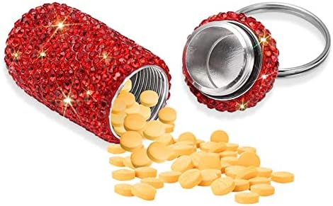 Portable Pill Case Pill Container Waterproof Pill Holder with Keychain Bling Pill Box Medicine Dispenser Bottle Storage for Outdoor Camping Travel (Red)