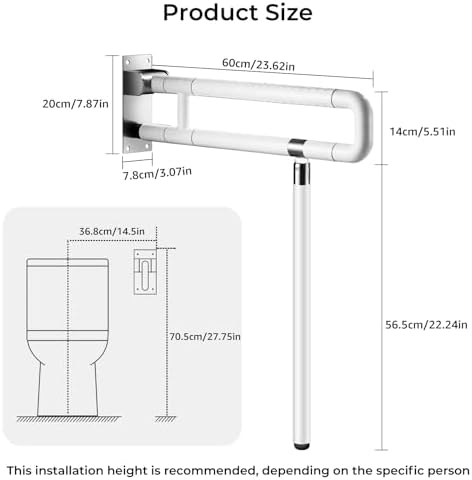 Modunful Upgraded Handicap Grab Bar for Bathroom, Flip Up Toilet Hand Rail for Elderly, Disabled, Pregnant, 23.6 Inch, White, Textured Finish, Stainless Steel