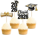 24pcs 2026 Graduation Cupcake Toppers Printed Gold Congrat Grad Class of 2026 Grad Cap Cupcake Picks for 2026 Graduation University Bachelor Graduate Party Supplies