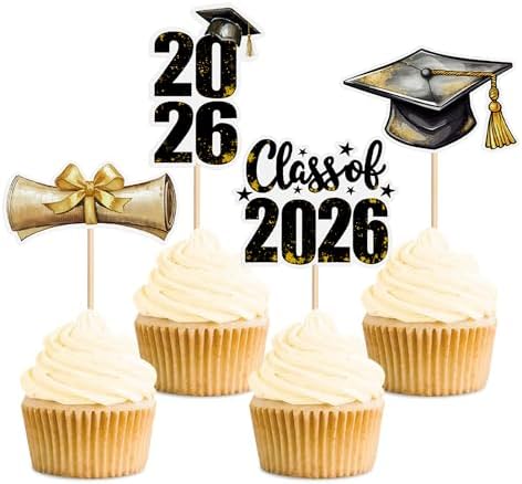 24pcs 2026 Graduation Cupcake Toppers Printed Gold Congrat Grad Class of 2026 Grad Cap Cupcake Picks for 2026 Graduation University Bachelor Graduate Party Supplies