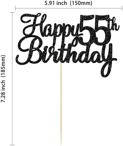 Gyufise 1Pc Happy 55th Birthday Cake Topper Glitter 55th Birthday Cake Pick Cheers to 55 Years Old Fifty-five Fabulous Cake Decorations for 55th Birthday Theme Party Supplies Black