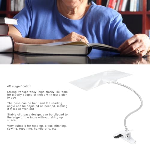 4X Magnifying Glass with Clip, Large Page Magnifier with Adjustable Flexible Gooseneck, Clip On Magnifying Glass for Reading Books, Sewing, Crafts, Low Vision Seniors