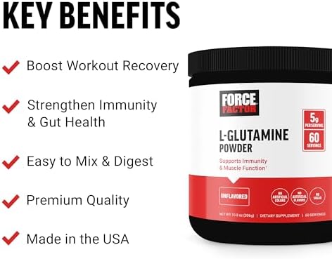 Force Factor L-Glutamine Powder for Post Workout Recovery, Muscle Recovery, Healthy Muscle Function, and Immunity, 5000mg/5g Glutamine Supplement, Vegan, Non-GMO, 60 Servings