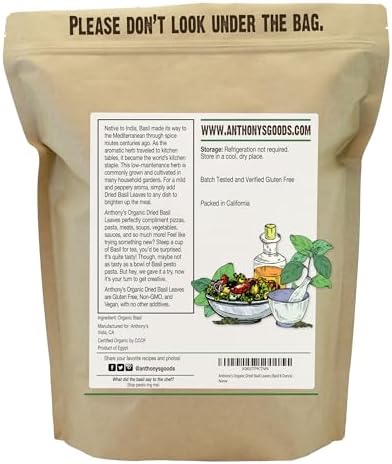 Anthony's Organic Dried Basil Leaves, 8 oz, Gluten Free, Non GMO, Cut & Sifted