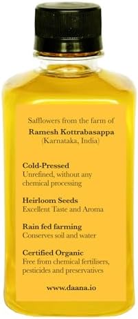 Daana Safflower Oil: Certified USDA Organic, Extra Virgin, Cold Pressed, High Oleic (12 oz)