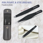 Precision Tweezer Set – Slant & Pointed Tip Stainless Steel Eyebrow Tweezers with Leather Pouch, Professional Hair Removal for Ingrown Hair, Chin, Splinter & Blackhead