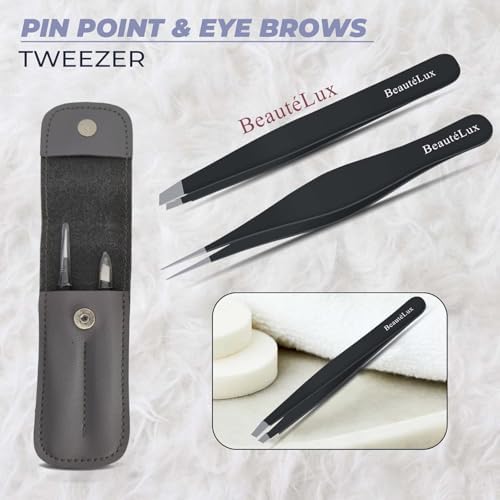 Precision Tweezer Set – Slant & Pointed Tip Stainless Steel Eyebrow Tweezers with Leather Pouch, Professional Hair Removal for Ingrown Hair, Chin, Splinter & Blackhead