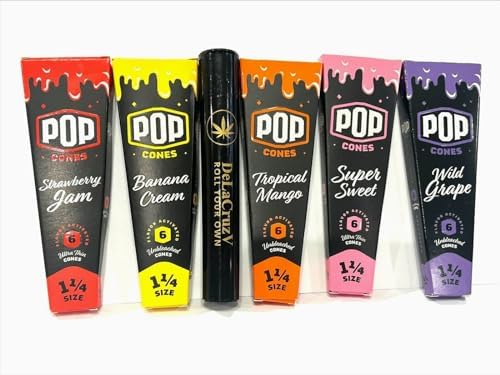Pop Cones Flavored cones 1 1/4 (Super Sweet,Straberry Jam, Banana Cream, Tropical Mango,Wild Grape) 5 packs of 6 cones with DeLaCuzV Tube.