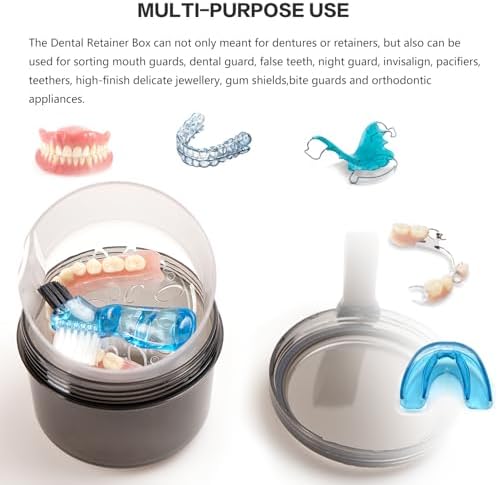 Leak Proof Travel Denture Bath Case for Full Dentures, Denture Cups for Soaking Dentures, Denture Container Cups with Brush for Dentures, Aligner, Retainers, Mouth Guard (Transparent Black)