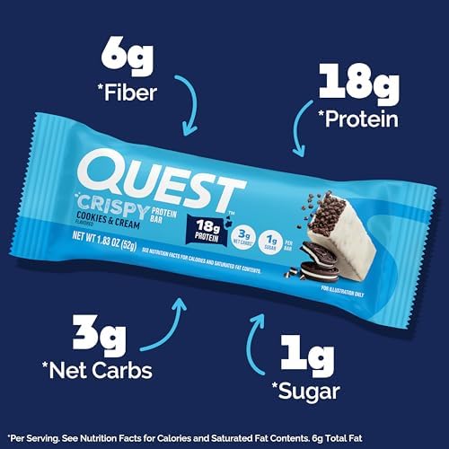 Quest Nutrition Crispy Cookies & Cream Hero Protein Bar, 18g Protein, 1g Sugar, 3g Net Carb, Gluten Free, Protein Snack, Keto Friendly, 12 Count
