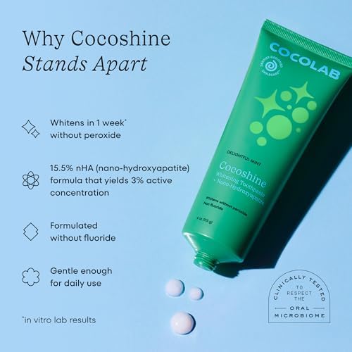 Cocoshine Teeth Whitening Toothpaste by Cocolab, Nano-Hydroxyapatite Toothpaste, Non-Fluoride with Xylitol and Coconut Oil, Gently Formulated for Sensitive Teeth, for Adults and Kids, Mint, 4 Oz