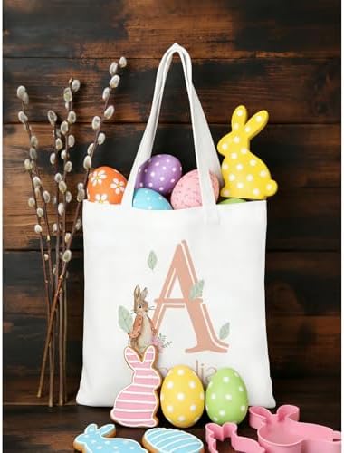 Custom Easter Canvas Tote Bags, Bunny Treat Easter Egg Hunt Bag with Personalized Name for Girls Boys