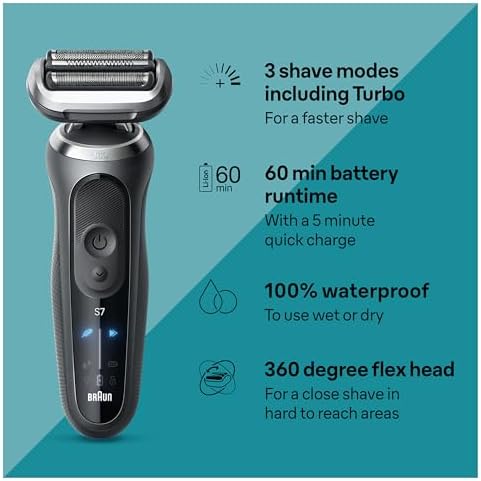 Braun Electric Shaver for Men, Series 7 7127cs, Wet & Dry Shave, Turbo & Gentle Shaving Modes, Waterproof Foil Shaver, Engineered in Germany, with Beard Trimmer, Charging Stand, Space Grey