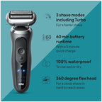 Braun Electric Shaver for Men, Series 7 7127cs, Wet & Dry Shave, Turbo & Gentle Shaving Modes, Waterproof Foil Shaver, Engineered in Germany, with Beard Trimmer, Charging Stand, Space Grey
