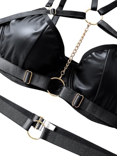 Lilosy Sexy Pu Leather Strappy Underwire Garter Belt Lingerie Set