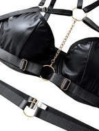 Lilosy Sexy Pu Leather Strappy Underwire Garter Belt Lingerie Set