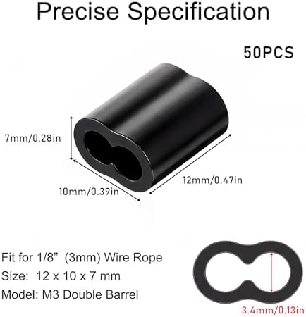1/8" Aluminum Crimping Loop Sleeve Black Cable Ferrule Wire Rope Crimping Loop Sleeves Cable Crimps Wire Ferrules for Cables Wires Rope 50Pcs (M3)