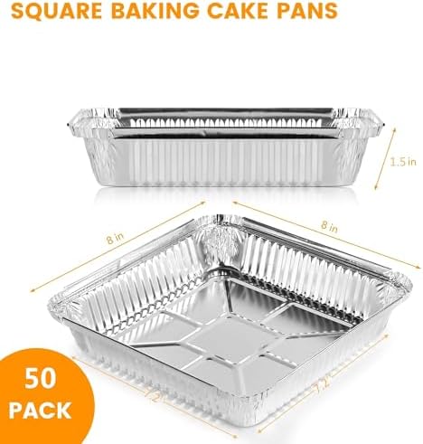 Aluminum Pans 8x8 inch-50 Pack Disposable Foil Pans, Square Aluminum Baking Cake Pans,Roasting Trays Disposable Food Containers Great for for Baking, Cooking, Heating, Storing, Prepping Food