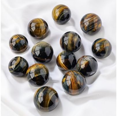 Natural Blue Yellow Tiger's Eye Healing Crystal Sphere Balls Quartz Gemstones Small Size Pack of 10 for Healing, Reiki, Home Office Decoration, Jewelry Making (Blue Tiger's Eye, 0.7"-0.78")