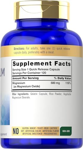 Carlyle Magnesium Oxide 500mg | 120 Capsules | Premium Quality | Non-GMO and Gluten Free Supplement