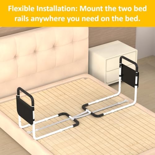 Double Bed Rails for Elderly Adults Safety, Bed Rails for Seniors, Dual Bed Handle Bedside Assist, Adjustable Bed Bar for Fall Prevention, Medical Bed Cane Fits Twin, Queen, Full, King Bed (2 Pack)
