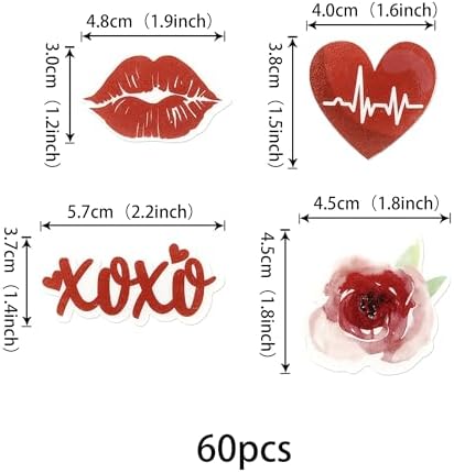 Rsstarxi 60 Pack Happy Valentine's Day Edible Cupcake Toppers Wafer Paper Lips Love Heart Cupcake Picks Red Rose Sweet Love Cake Decorations for Wedding Valentine's Day Party Supplies