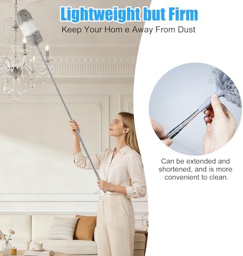 Microfiber Feather Duster, 110 Inch Extendable Telescoping Pole Duster with Bendable Washable Head, Long Handle Cleaning Duster for Ceiling Fan, High Ceiling, Blinds, Furniture and Cars(Gray)
