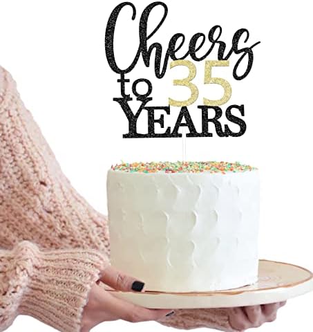 LOVENJOY Cheers to 35 Years Cake Toppers for Happy 35th Birthday Anniversary Cake Decorations, Dual-Side Glitter Black and Gold