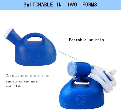 2000ML Portable Urinal for Men, Spill Proof Urine Bottles for Men, Thick Large Pee Bottle with Long Tube and Lid, for Hospital Car Home Toilet Travel Camping Blue, No Brush