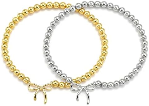 2PCS Dainty Beaded Bracelet Set for Women - Waterproof Silver Gold Bow Charm Stretch Ball Handmade Stackable Bracelets, Trendy Adjustable Jewelry Birthday Gifts for Her