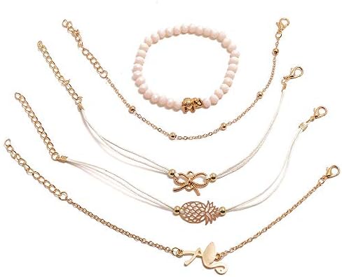 Boho Gold Charm Bracelet Set for Women - 5 Pcs Handmade Stackable Beaded Bracelets, Pineapple, and Elephant Charms - Tropical Beach Summer Jewelry Gift