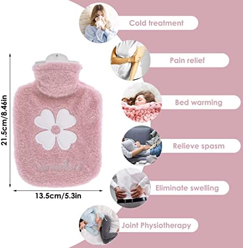 500ml Hot Water Bottle, 2-in-1 Small Hot Water Bottle with Cover Warm Water Bag with Soft Premium Faux Fur Cover Water Bag for Cold & Hot Compress Mini Hot-Water Bag for Women Men (Pink)
