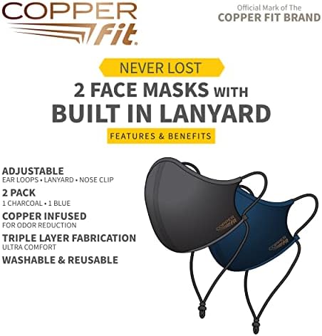 Copper Fit Unisex Never Lost Face Masks for Adults, Reusable Washable Fabric Mask, Copper Infused , 2 Pack