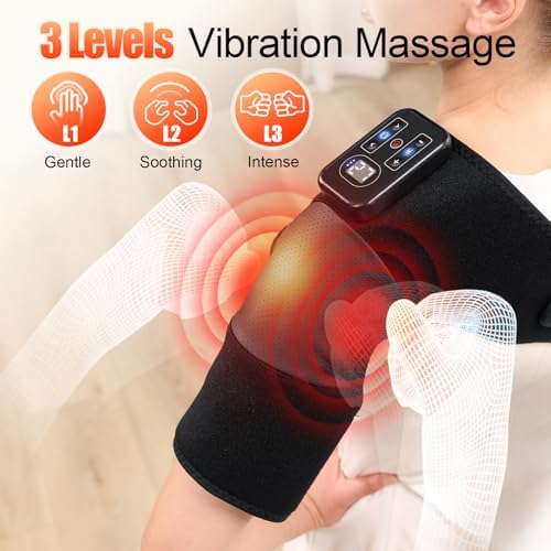 Cordless Knee Massager with Heat, Vibration Heating Pad for Pain Relief, 3 Vibrations & 5 Heating Levels Shoulder Brace, Knee Brace Wrap Gifts for Dad Mom Men Women Seniors (Black, Single)