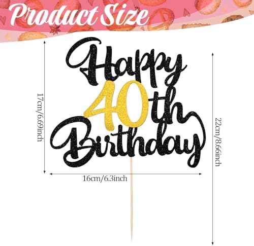 1 PCS Happy 40th Birthday Cake Topper, Black and Gold Glitter Cheers to 40 Years Cake Pick, 40 Fabulous Cakes Decoration for 40th Birthday Party Supplies for Women Men Anniversary