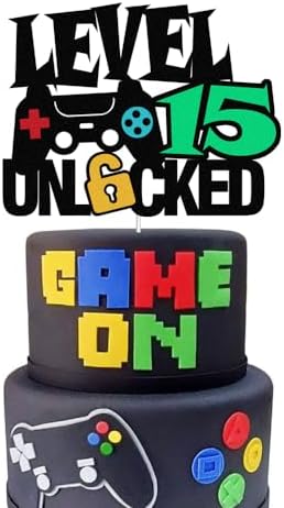Level 15 Unlocked Sign Cake Topper - Happy 15th Birthday Level Up Tenth Cake Decorations for Video Game Controller Themed Kids Boy Girl Bday Party Supplies Double Sided