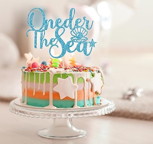 Oneder the Sea Cake Topper, Under the Sea Party Decorations, Baby 1st Birthday Cake Decor, Sea Themed First Birthday Party Supplies Blue Glitter