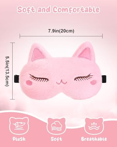 Sleep Mask for Kids - Valentines Gift for Kids Cute Plush Fuffy Sleeping Eye Cover Kawaii Soft Eyeshade Animal Eye Blindfold for Girls Boys Teens with Adjustable Strap, Cat