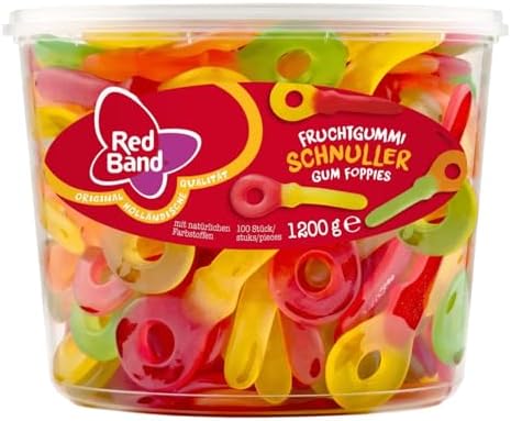 Red Band Fruchtgummi Schnuller - Tasty Gummies In A Tub - Sweet Fruity Wine Candy Taste - Fruit Snacks Pack- Sour Keys, Large Tub, 1200 Grams, 100 Pcs