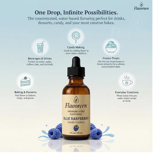 Flavoreen Blue Raspberry Extract – Highly Concentrated Liquid Flavoring - Water Soluble - for Drinks, Candy Making, Baking, Icing & Sodas – Premium Blue Raspberry Fruit Flavor – Made in USA (Amber Glass Dropper Bottle)