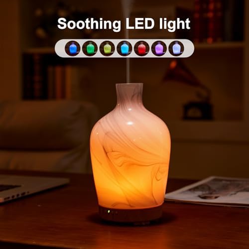 Classical Vase Art Glass Aromatherapy Diffuser 160ml ultrasonic Cool Mist Scent Aroma Essential Oil Diffu er Humidifier with Intermittent Mist & LED 7 Colorful Changing Night Light for Bedroom