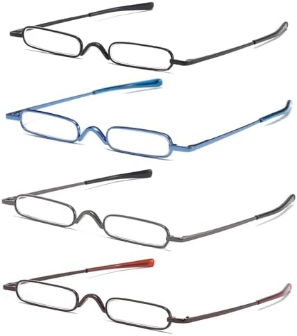 4 Pack Slim Pen Reading Glasses Metal Frame & Case Compact Portable Spring Hinge Eyeglasses for Women Men (Black, Blue, Gunmetal, Brown, +2.00)