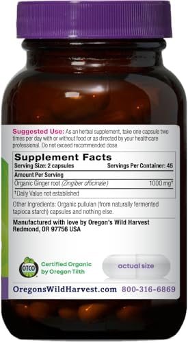 Oregon's Wild Harvest, Certified Organic Ginger Capsules for Stomach Support, Non-GMO, 1000 MGS, 90 Count