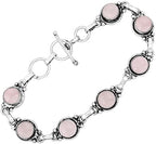 Round Shape Natural & Synthetic Gemstones Silver Plated Bracelets for Women - Vintage Bohemian Style Handmade Birthstone Adjustable Link Bracelet Jewelry Gifts for Wedding Anniversary Mother's Day