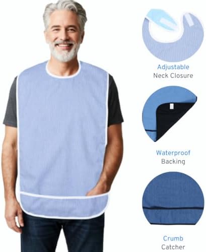 Modaliv 3-Pack Classic Denim & Stripes Adult Bibs, Waterproof Reusable Eating Bibs with Crumb Catcher – Machine Washable Clothing Protectors for Seniors, Elderly & Special Needs