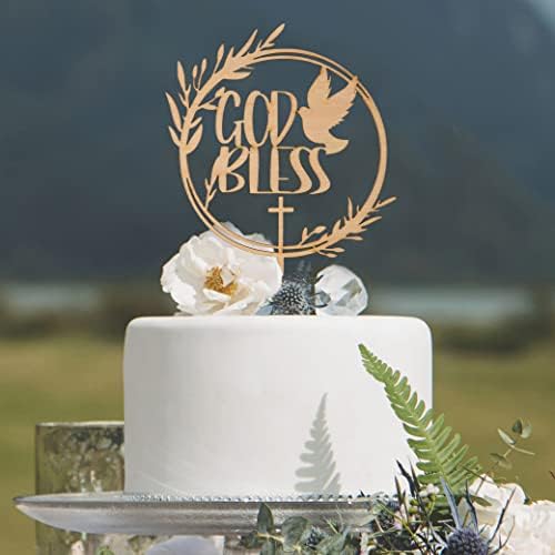ZZDCMS God Bless Cake Toppers - Baptism & First Communion, Wooden Cake Decorating Supplies, Natural Wood, Brown