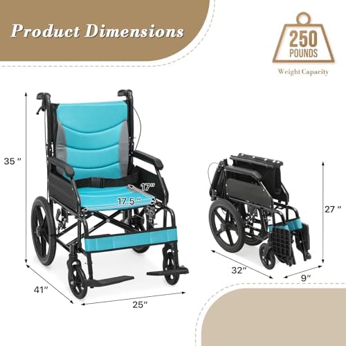 Wheel Chair for Adults with Swing-Away Footrest and Loop-Lock Handbrakes 17.5 inch Seat Wheel Chair 15" Rear Wheel Lightweight Transport Chair for Travel Compact Storage, 250 lbs