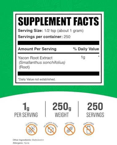 BulkSupplements.com Yacon Root Extract Powder - Sugar Substitute, Natural Fiber Sweetener - Gluten Free, 1g per Serving, 250g (8.8 oz) (Pack of 1)